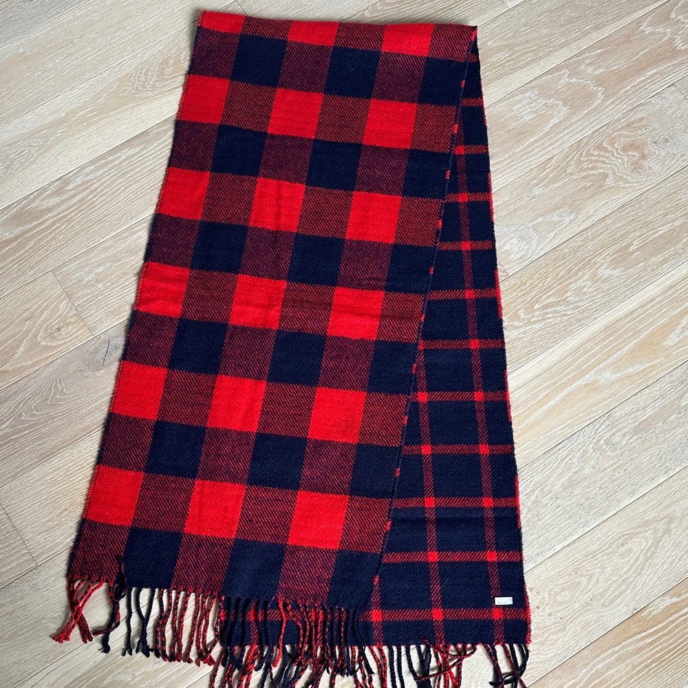Topshop Red and Navy Checked Fringe Scarf